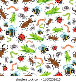 Cartoon kids cartoon insects seamless pattern. Cute children design template. Bright beetles Bee icons for textile, wrapping paper, greeting cards or posters for kindergarten