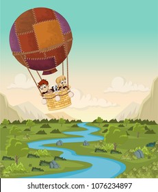 Cartoon kids inside a hot air balloon flying over a green forest
