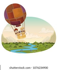 Cartoon kids inside a hot air balloon flying over a green forest
