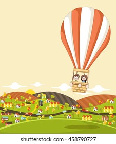 Cartoon kids inside a hot air balloon flying over a suburb neighborhood of a colorful city. 

