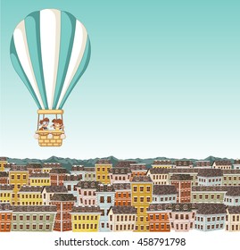 Cartoon kids inside a hot air balloon flying over colorful city. 