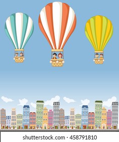 Cartoon kids inside a hot air balloon flying over colorful city. 