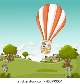 Cartoon kids inside a hot air balloon flying over a green park in the city.
