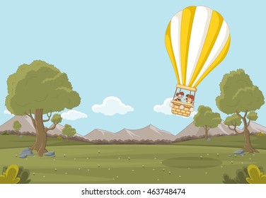 Cartoon kids inside a hot air balloon flying over a green park

