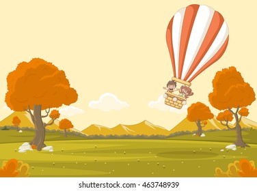 Cartoon kids inside a hot air balloon flying over a park. Nature landscape.
