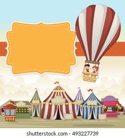 Cartoon kids inside a hot air balloon flying over cartoon circus. Vintage carnival background.