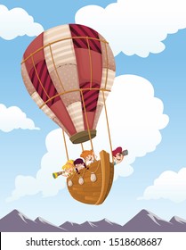 Cartoon kids inside wooden boat on a hot air balloon flying on the sky

