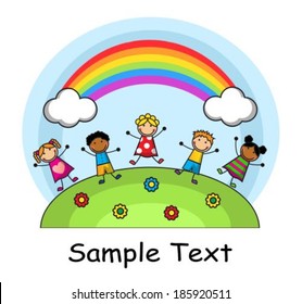Cartoon kids jumping on meadow against the sky and a rainbow 
