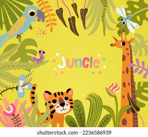 Cartel de la jungla de niños de caricatura con un lindo león, jirafa, vida silvestre de loro. Color brillante claro. Hojas tropicales, plantas y flores. Fondo de la jungla de dibujos animados para niños