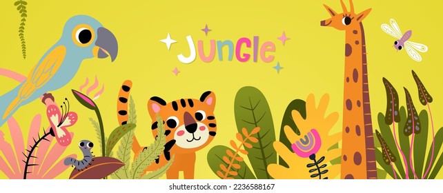 Cartoon kids jungle horizontal banner with cute lion, giraffe, parrot wildlife. Bright vibrant color. Tropical leaves, plants and flowers. Cute cartoon jungle animals background for children