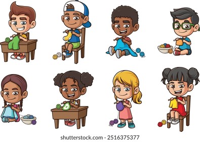 Cartoon kids kniting. Vector illustrations bundle with each image on a separate layer.