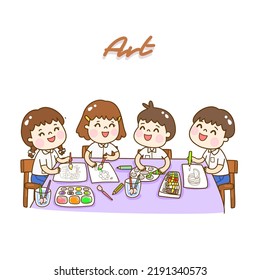 Cartoon kids learning art class.