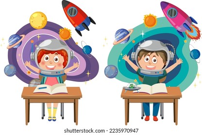 Cartoon kids learning astronomy illustration