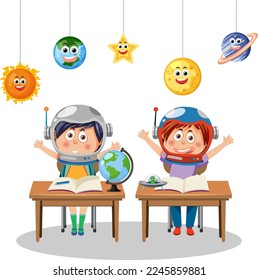Cartoon kids learning astronomy illustration
