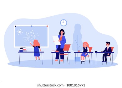 Cartoon kids learning in classroom and painting. Teacher, children, school flat vector illustration. Education and study concept for banner, website design or landing web page