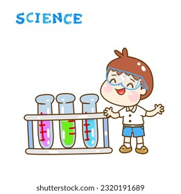 Cartoon kids learning science classroom.