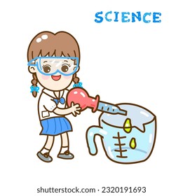 Cartoon kids learning science classroom.