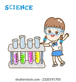 Cartoon kids learning science classroom.