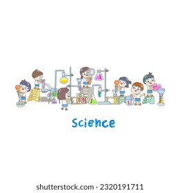 Cartoon kids learning science classroom.