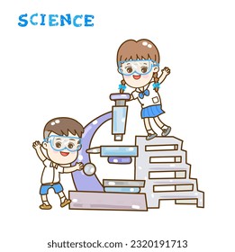 Cartoon kids learning science classroom.
