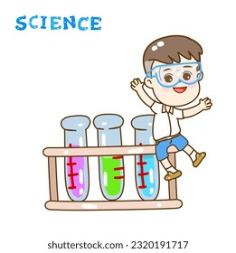 Cartoon kids learning science classroom.