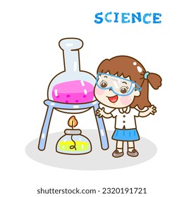 Cartoon kids learning science classroom.