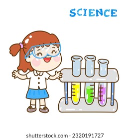 Cartoon kids learning science classroom.