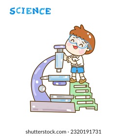 Cartoon kids learning science classroom.