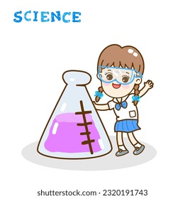 Cartoon kids learning science classroom.