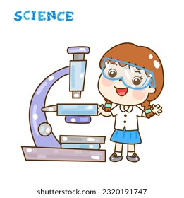 Cartoon kids learning science classroom.