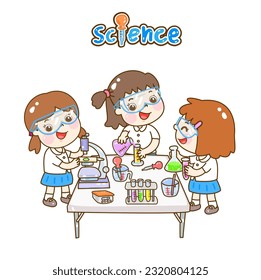Cartoon kids learning science classroom.