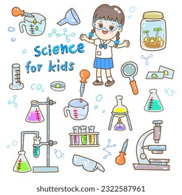 Cartoon kids learning science classroom.