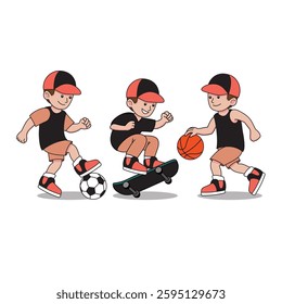 Cartoon kids little boy sports set, exercise, basket, soccer, football, skateboard, ball