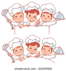 Cartoon kids as little chefs. Cute boys and girl  wearing chef hat. Smiling kids hold text frame. Kid's menu design. Blank text banner. Vector illustration isolated on white background.