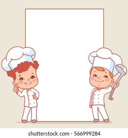 Cartoon kids as little chefs. Cute boy and girl as cooks. Happy children wearing chef hat. Smiling baby holding menu. Blank text frame. Vector illustration isolated on white background.