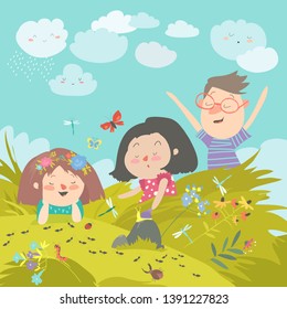 Cartoon kids look at insect in grass