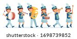 Cartoon kids marching band parade. Child musicians on march, childrens loud playing music instruments cartoon vector illustration. Entertainment parade, performer drum and music band