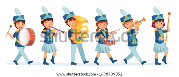 Cartoon kids marching band parade. Child musicians\
on march, childrens loud playing music instruments cartoon vector\
illustration. Entertainment parade, performer drum and music\
band