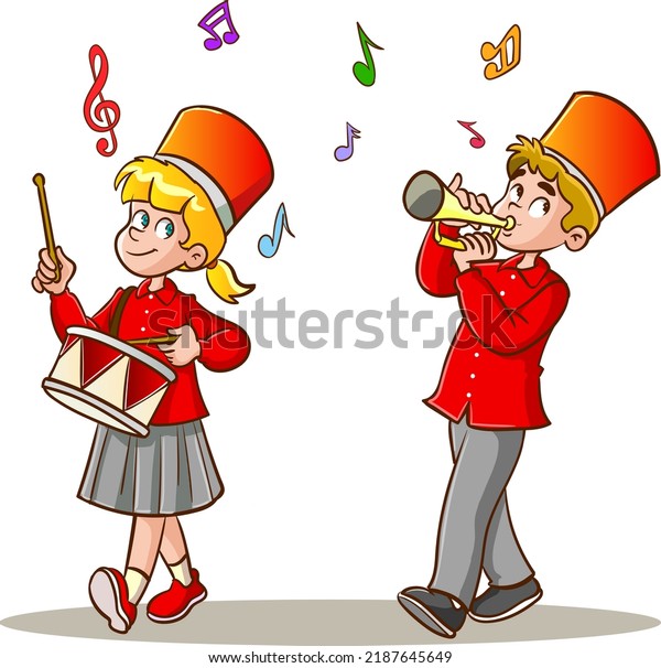 Cartoon kids marching band parade. Child musicians\
on march, childrens loud playing music instruments cartoon vector\
illustration. Entertainment parade, performer drum and music\
band