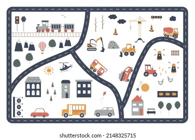 Cartoon Kids Mat For Road Play. Vector Adventure Map. City Map With Train, Mountains, Helicopter, Tractor, Mill, Construction Site. Design Of A Baby Game. Toy Cars, Bus, Excavator, Bulldozer, Truck.