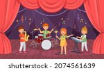 Cartoon kids music band on theatre stage with curtain. Boys playing drums and saxophone, girls playing keyboard and singing with microphone. Characters with musical instruments vector