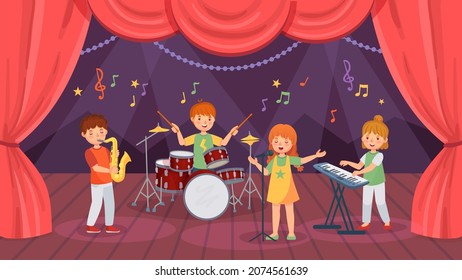 Cartoon kids music band on theatre stage with curtain. Boys playing drums and saxophone, girls playing keyboard and singing with microphone. Characters with musical instruments vector