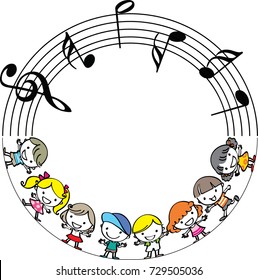 cartoon kids with music note circle border