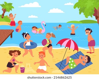 Cartoon kids on beach. Children on sea playing with sand. Summer tourism activity. Seasonal vacations, kid swimming and jumping in water, decent vector scene