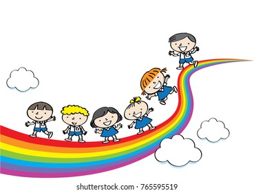 cartoon kids on the rainbow