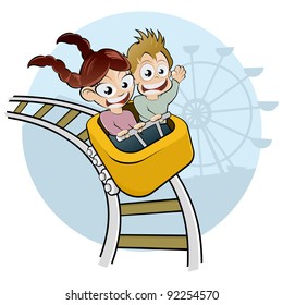 Cartoon Kids On Rollercoaster