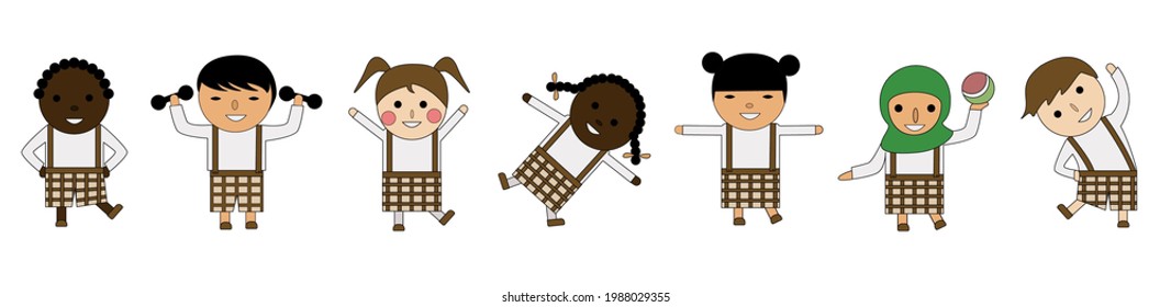 Cartoon kids on a white background. Schoolchildren of different nationalities do gymnastics. Vector image in flat style