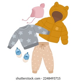Cartoon kids outfit. Baby boy or girl casual garments, cute little pants, puffer jacket and acsessories flat vector illustration on white background