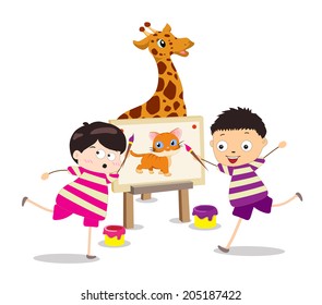 Cartoon kids with painting canvas