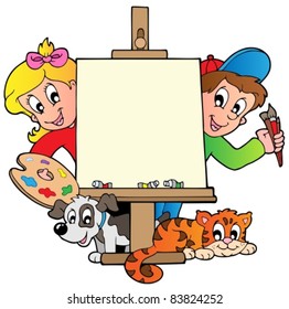 Cartoon kids with painting canvas - vector illustration.